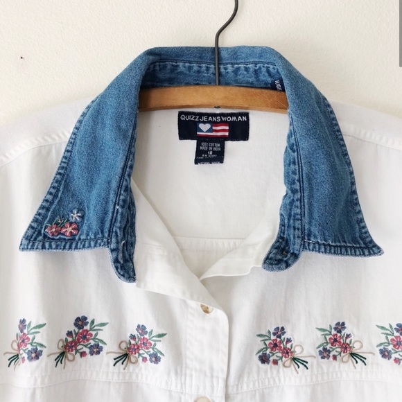 Vintage 90s white denim button up shirt short sleeve XL - Picture 2 of 6